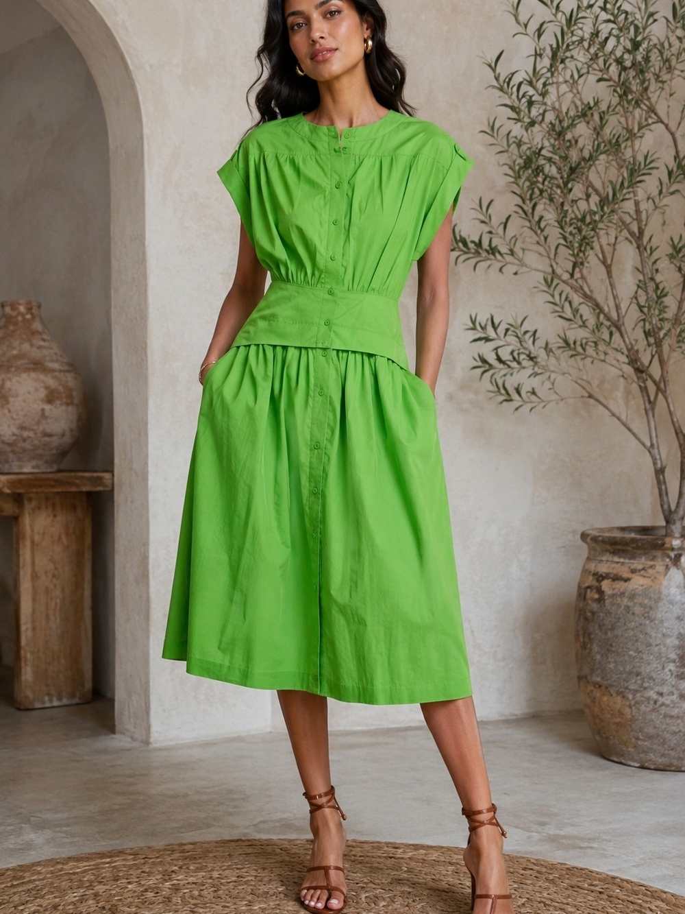 Area Stars Cuff Dress Lime Green Cotton Midi Dress Size M